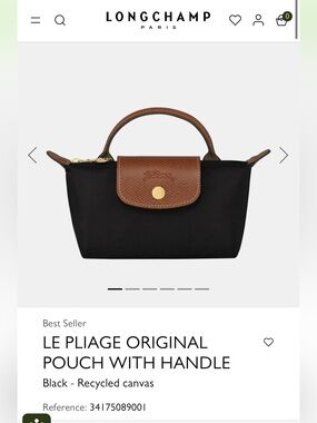 Longchamp Black Canvas Le Pliage Small Pouch with Brown Trim and Handle
